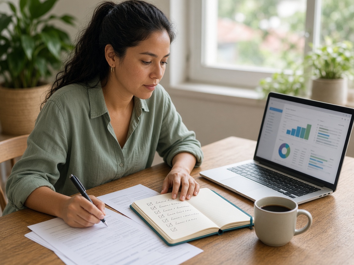 Creador revisando checklist e ingresos junto a su laptop