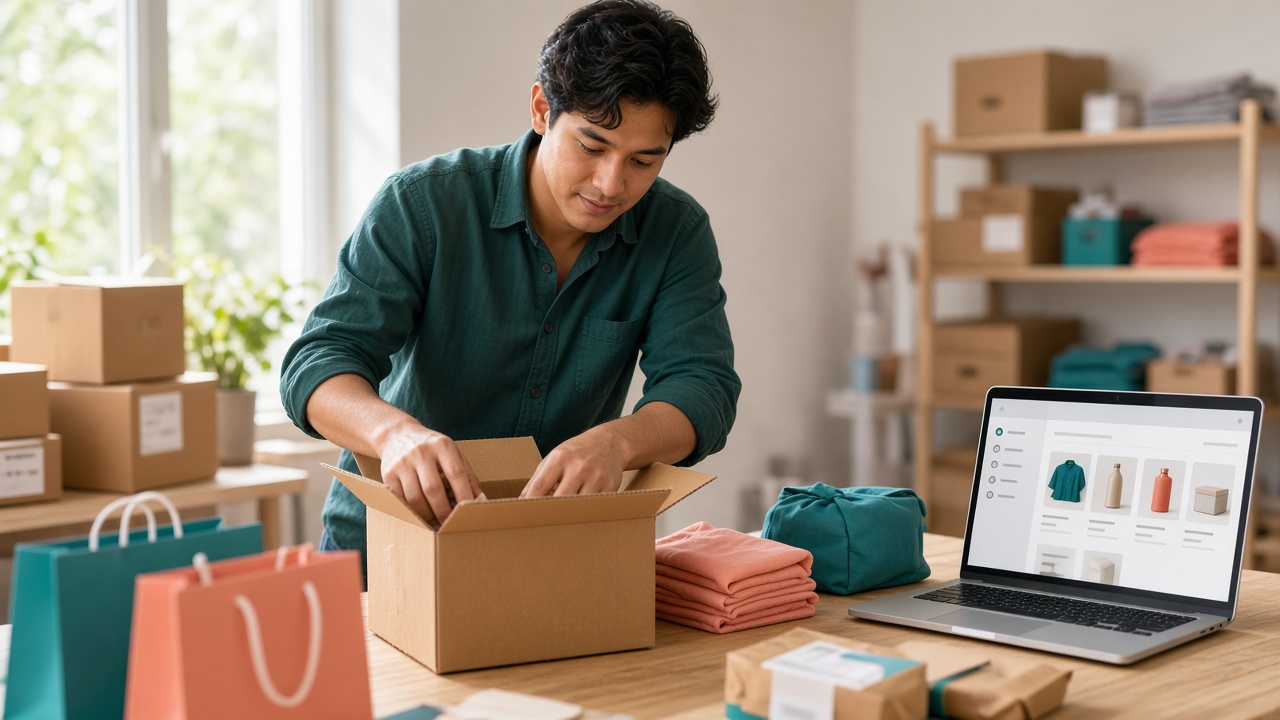 Emprendedor de e-commerce preparando pedidos online en su escritorio