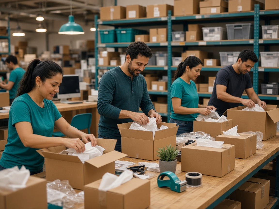 Equipo de e-commerce empacando pedidos en un almacén organizado