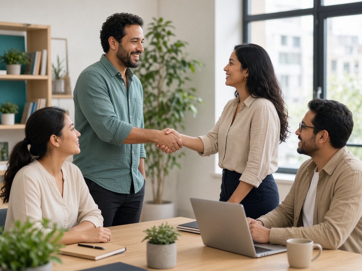 Equipo de startup recibiendo a su primera contratación