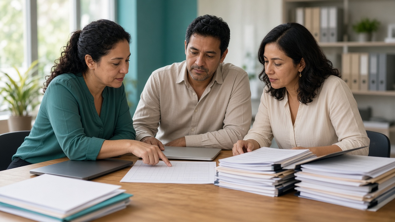 Equipo de finanzas revisando carpetas de proveedores sobre una mesa